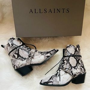 New! AllSaints Katy Snake Print Calf Leather Western Boots
